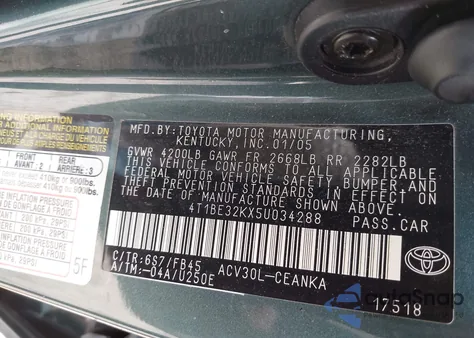 2005 Toyota Camry Le from USA, damaged, VIN 4T1BE32KX5U034288